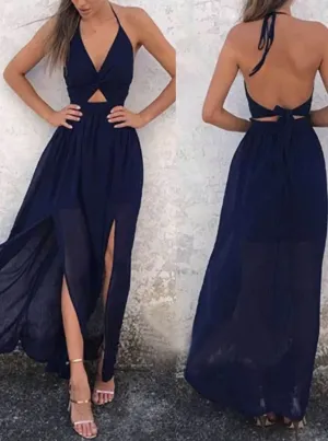 A Line Halter Floor Length Backless Navy Blue Chiffon Prom Dresses