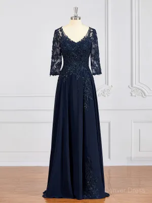 A-Line V-neck Chiffon Floor-Length Mother of the Bride Dresses With Appliques Lace