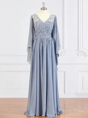 A-Line V-neck Floor-Length Chiffon Mother of the Bride Dresses With Appliques Lace