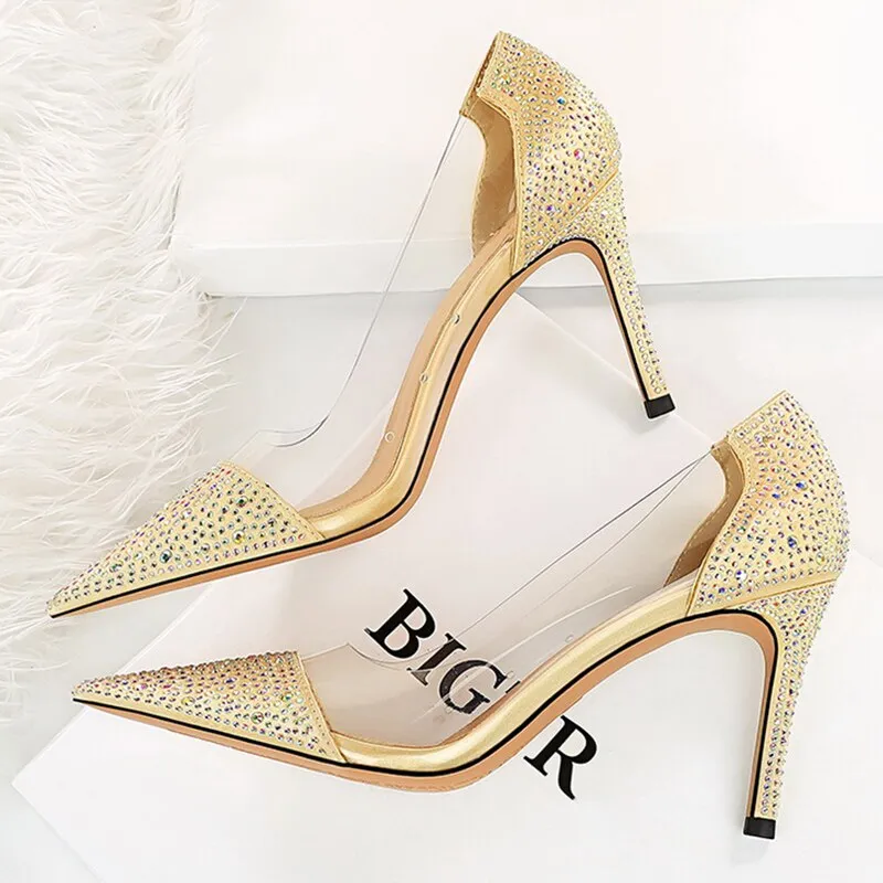 Amozae-2024 Women 8.5cm High Heels Glitter Crystal Pumps Lady Transparent Heels Female Wedding Bridal Stripper Designer Green PVC Shoes