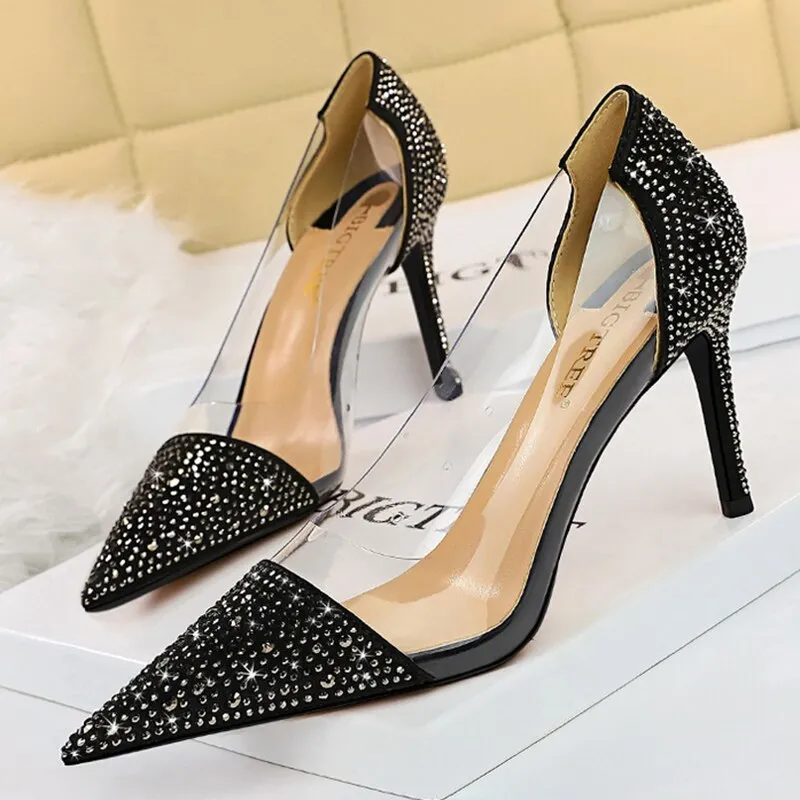 Amozae-2024 Women 8.5cm High Heels Glitter Crystal Pumps Lady Transparent Heels Female Wedding Bridal Stripper Designer Green PVC Shoes