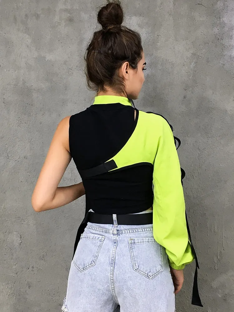 Amozae Neon Green One Shoulder Off Halter Top Harajuku Black Reflective Tshirt Women Hip Hop Street Wear Tee Shirt Femme