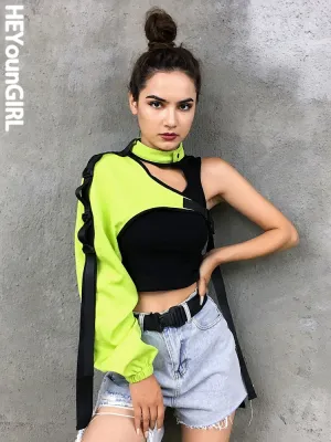 Amozae Neon Green One Shoulder Off Halter Top Harajuku Black Reflective Tshirt Women Hip Hop Street Wear Tee Shirt Femme