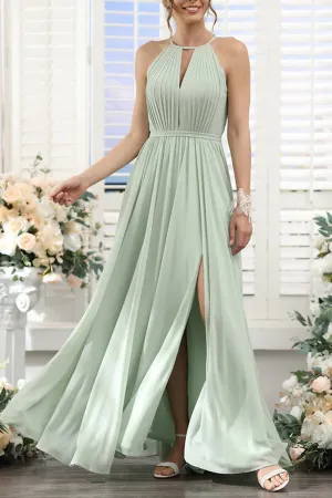 B4121 - Halter Ruched Cut Outs Chiffon A-Line Long Bridesmaid Dress With Slit