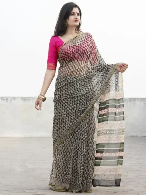 Beige Black Green Hand Block Printed Chiffon Saree - S031702572