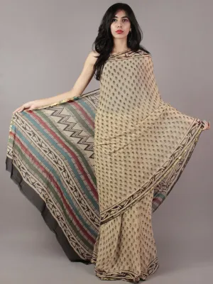 Beige Black Hand Block Printed Chiffon Saree With Multi Color Pallu - S031701824