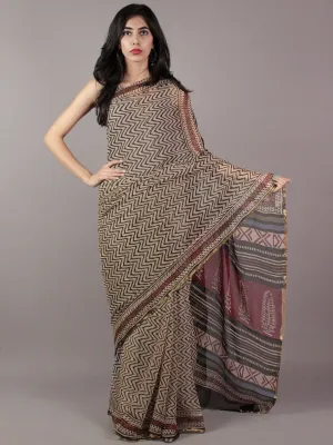 Beige Black Maroon Hand Block Printed Chiffon Saree - S031701813