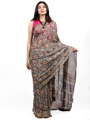 Beige Black Maroon Hand Block Printed Chiffon Saree with Zari Border - S031703231