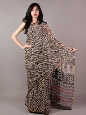 Beige Black Maroon Teal Green Hand Block Printed Chiffon Saree - S031701840