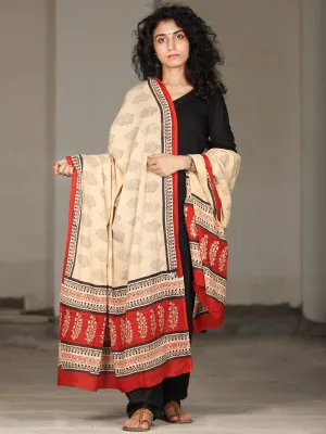 Beige Black Red Cotton Hand Block Printed Dupatta   - D04170405