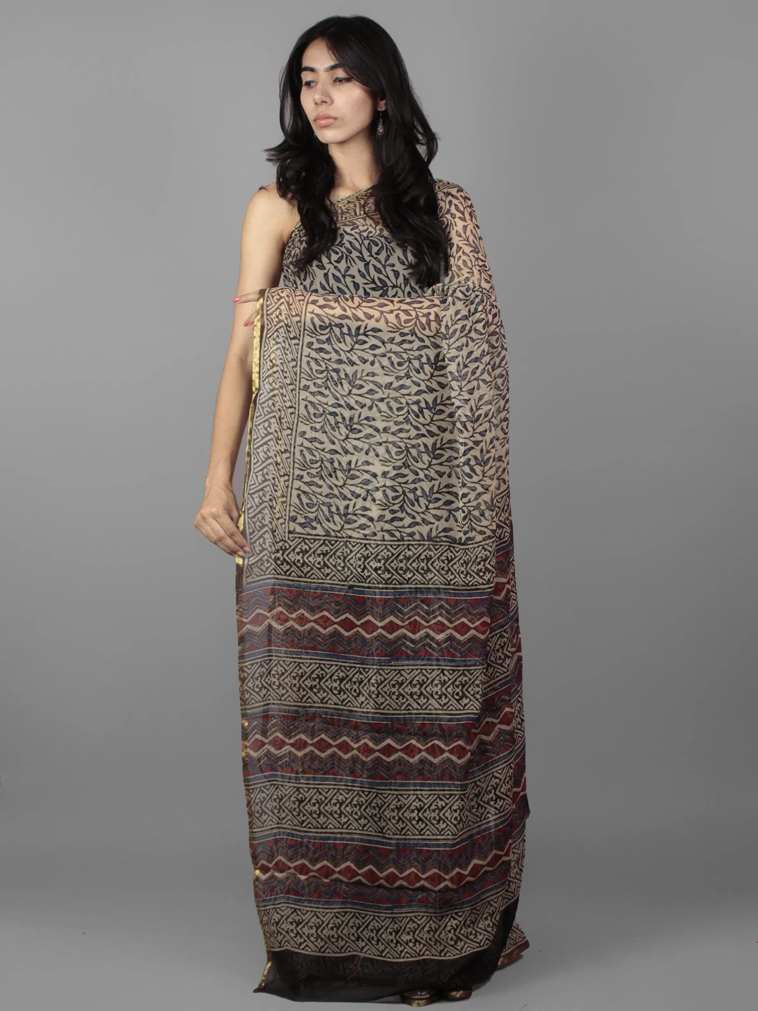 Beige Grey Maroon Hand Block Printed Chiffon Saree - S031701899