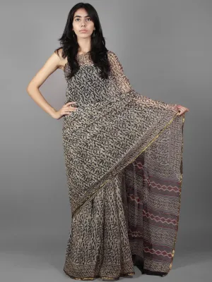 Beige Grey Maroon Hand Block Printed Chiffon Saree - S031701899