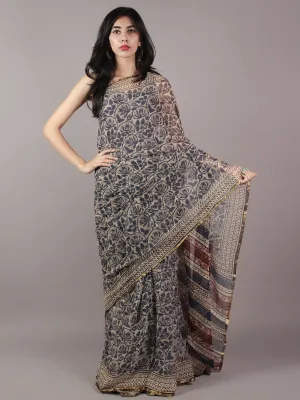 Beige Indigo Black Hand Block Printed Chiffon Saree - S031701822