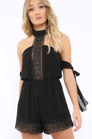 Black Crochet Halter Neck Tie Sleeve Playsuit - Leanne