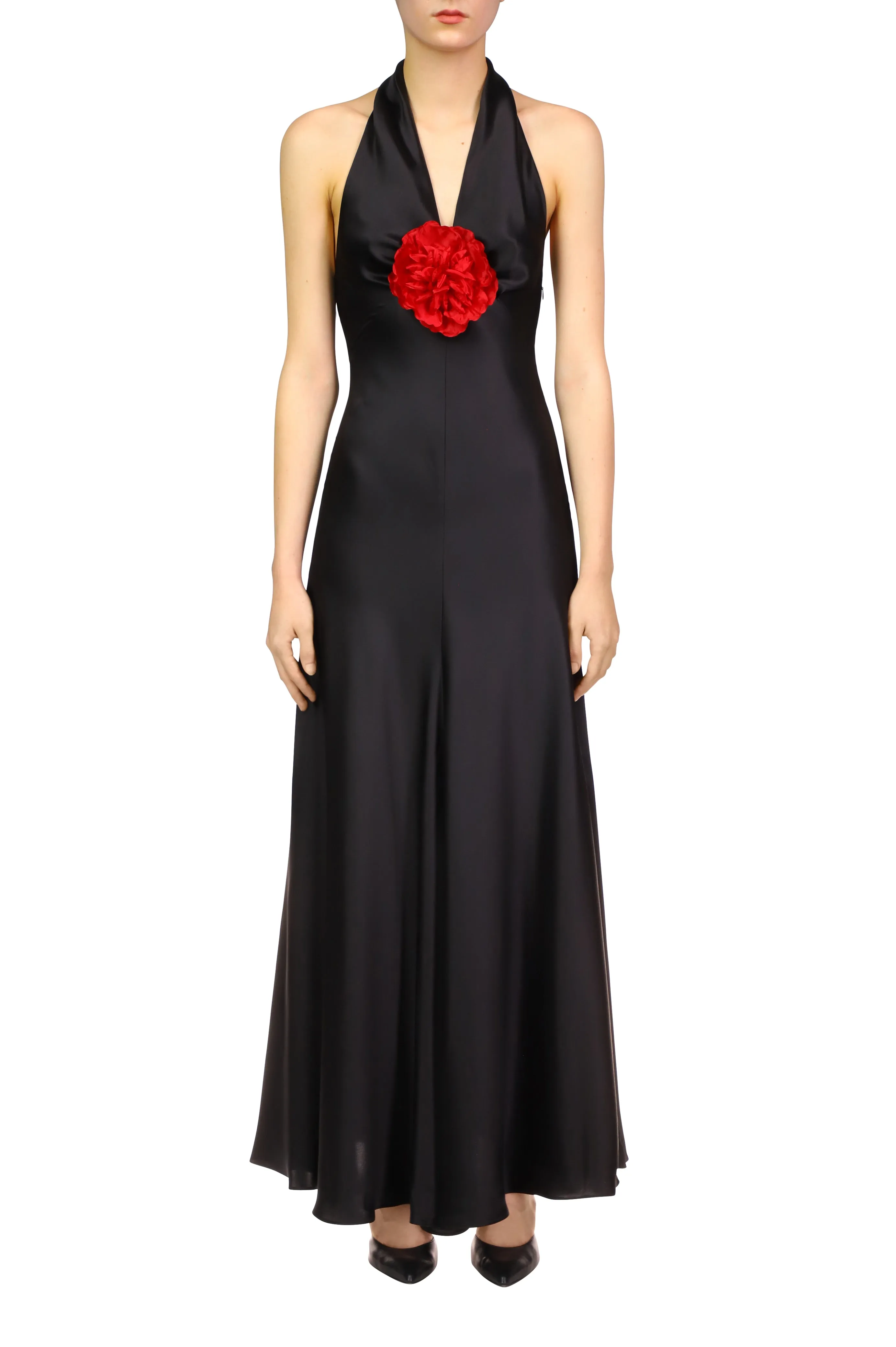 Black Silk Satin Halter Dress With Silk Flower Pin