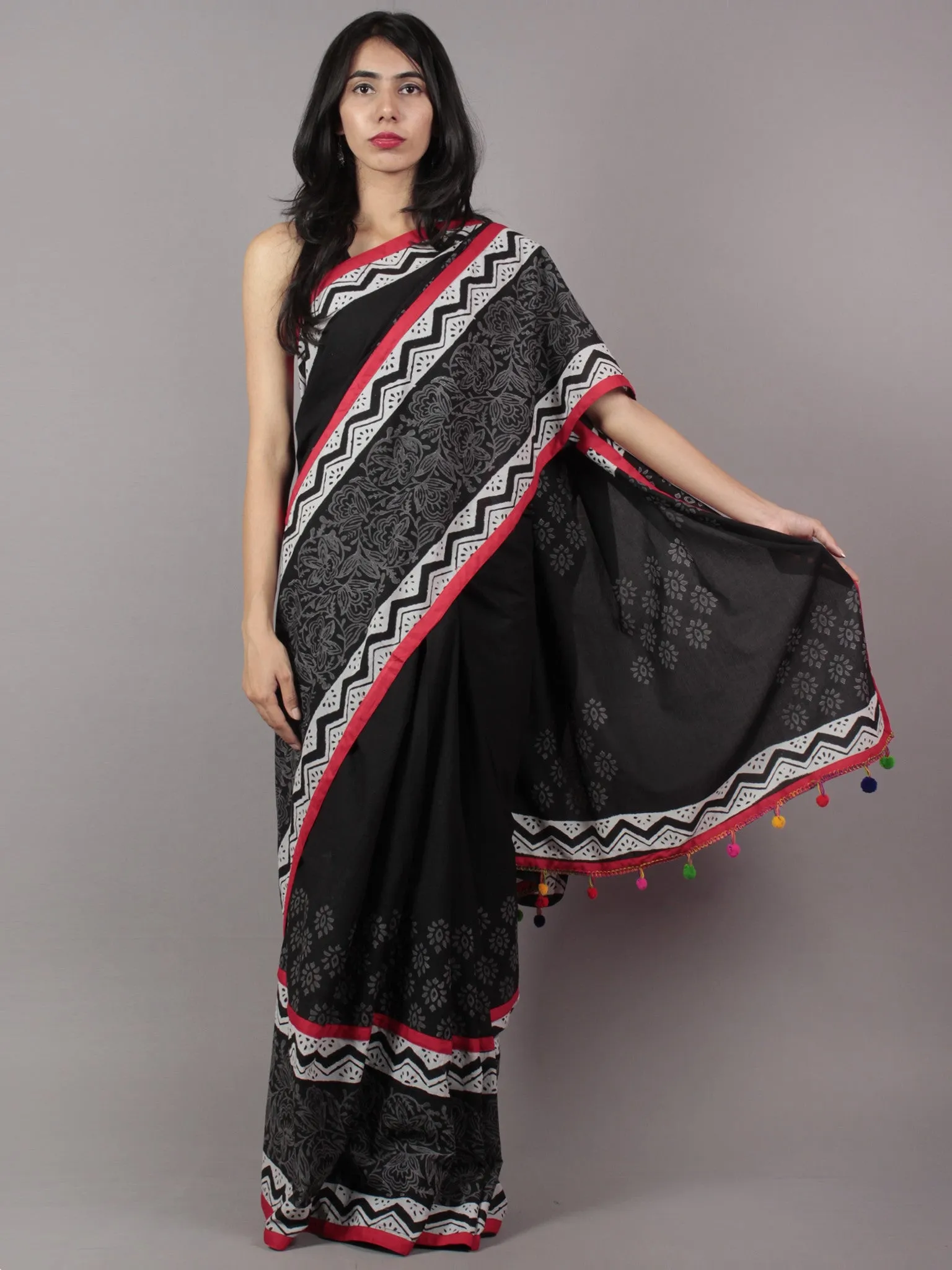 Black White Grey Red Hand Block Printed Cotton Saree With Tassels - S031701717