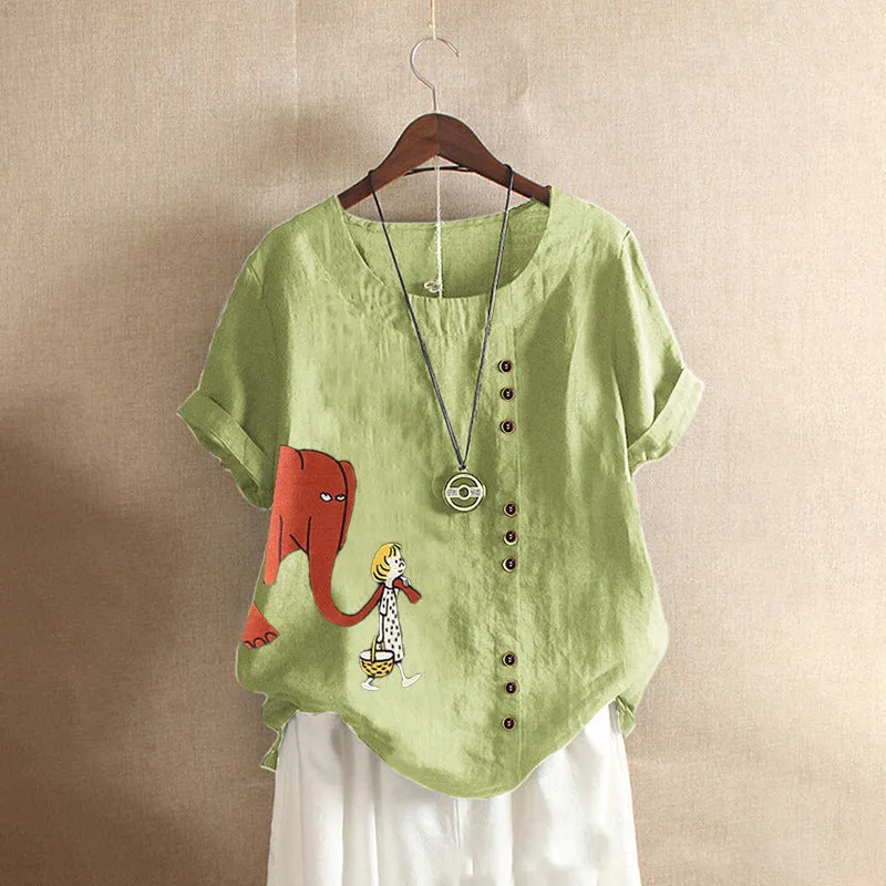 Cute Elephant And Girl Print Vintage Blouse