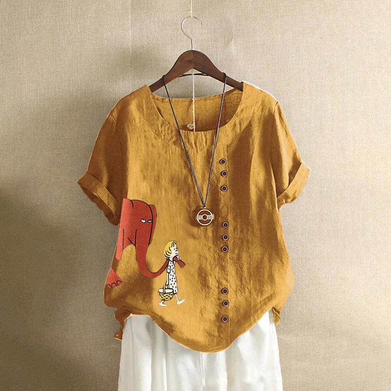 Cute Elephant And Girl Print Vintage Blouse