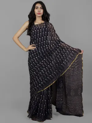 Dark Indigo Ivory Hand Block Printed Chiffon Saree - S031702116