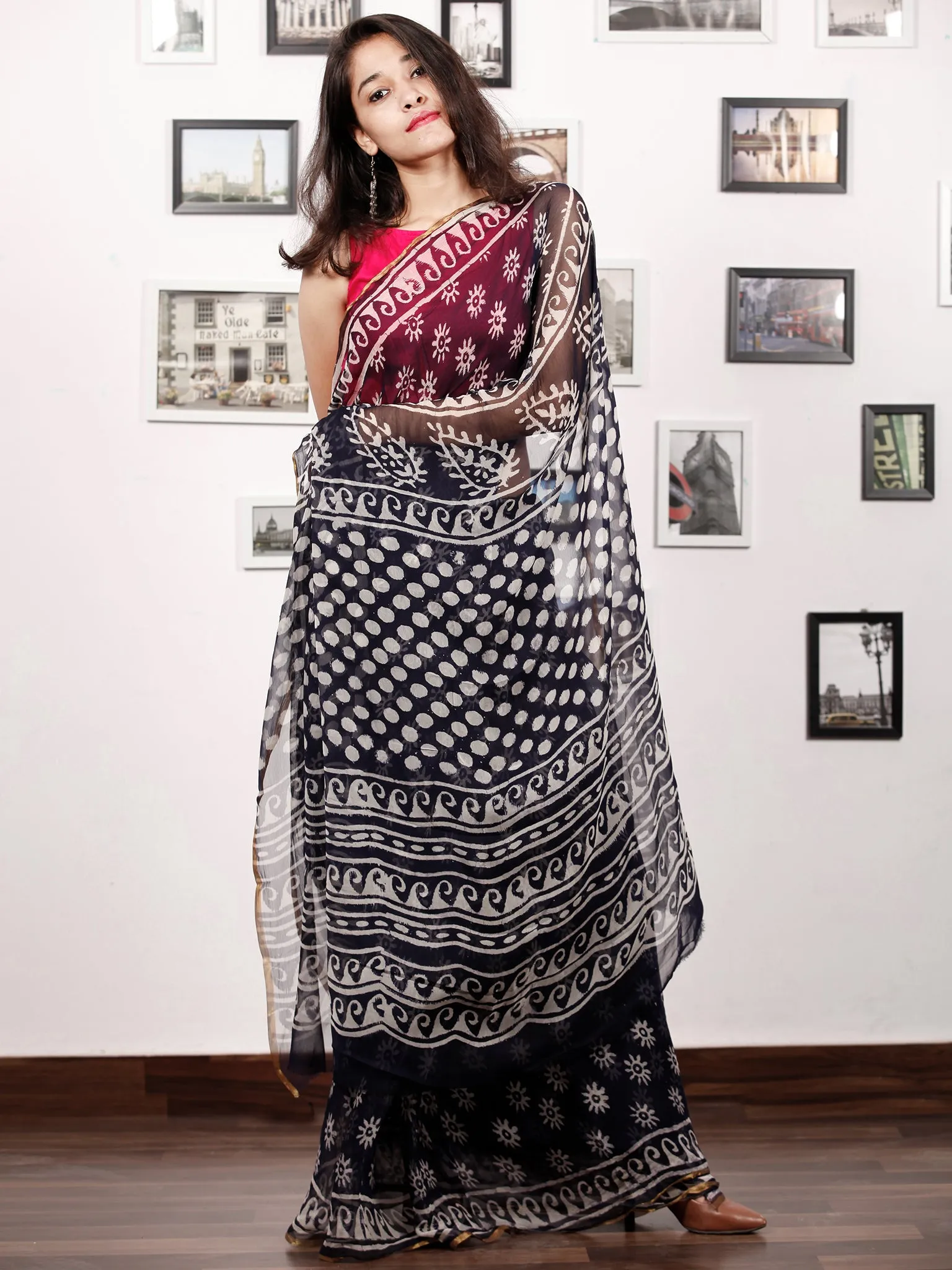 Deep Indigo White Hand Block Printed Chiffon Saree with Zari Border - S031703152