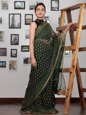 Green Yellow Coral Hand Block Printed Chiffon Saree with Zari Border - S031702771