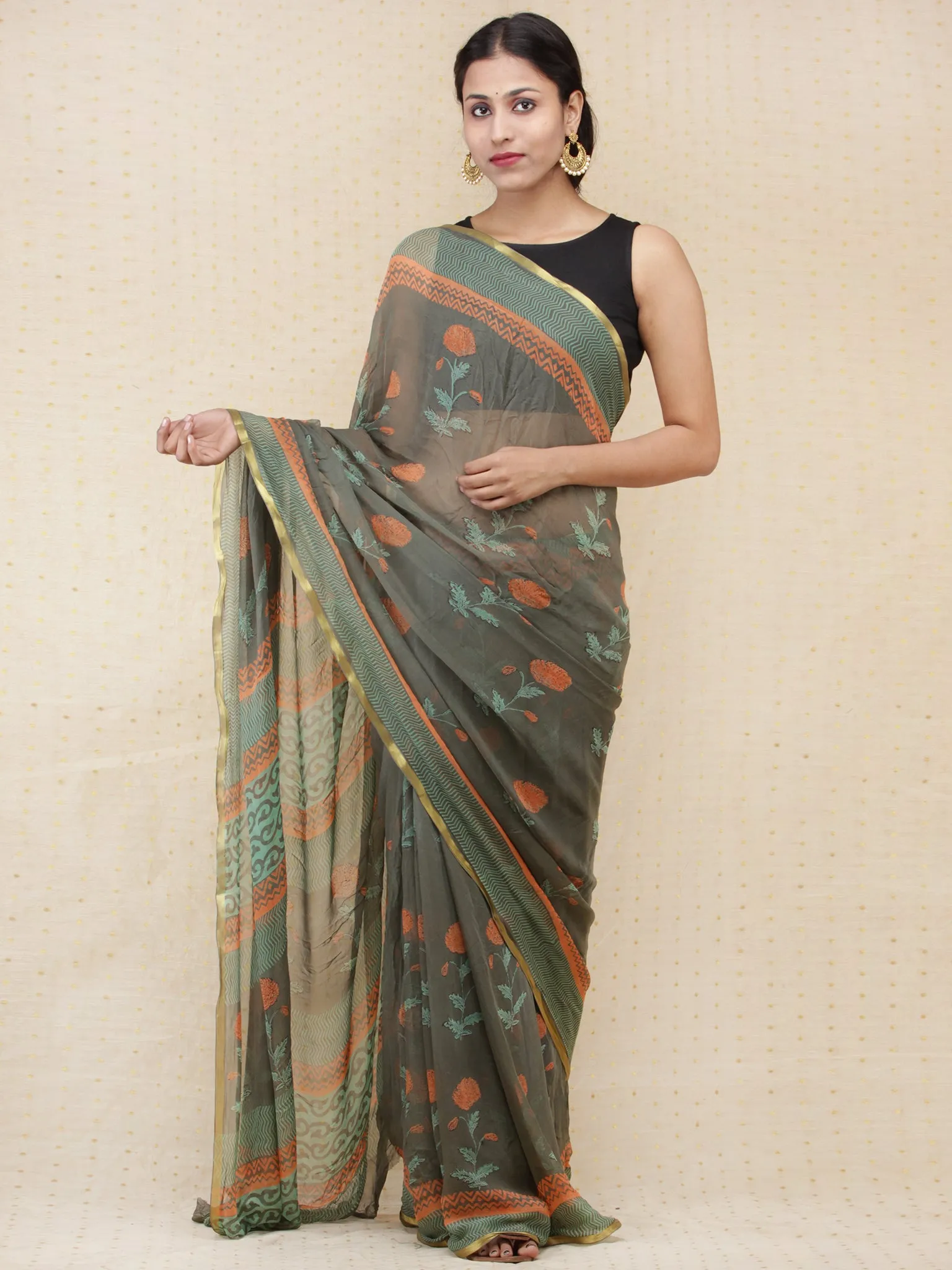 Grey Green Orange Hand Block Printed Chiffon Saree with Zari Border - s031704156