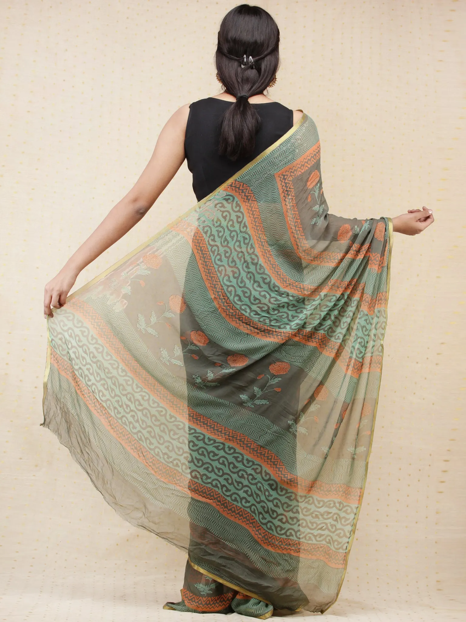 Grey Green Orange Hand Block Printed Chiffon Saree with Zari Border - s031704156