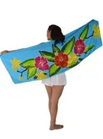 HIGH QUALITY HAND PAINTED TEXTILE FABRIC HALF SARONG OR BEACH SKIRT, SCARF, TABLE RUNNER SIGNED BY THE ARTIST: DETAILED MOTIFS OF BLOOMING HIBISCUS, VANDA ORCHIDS, TROPICAL PLANTS, RICH COLORS 74" x 23" (no SC15)