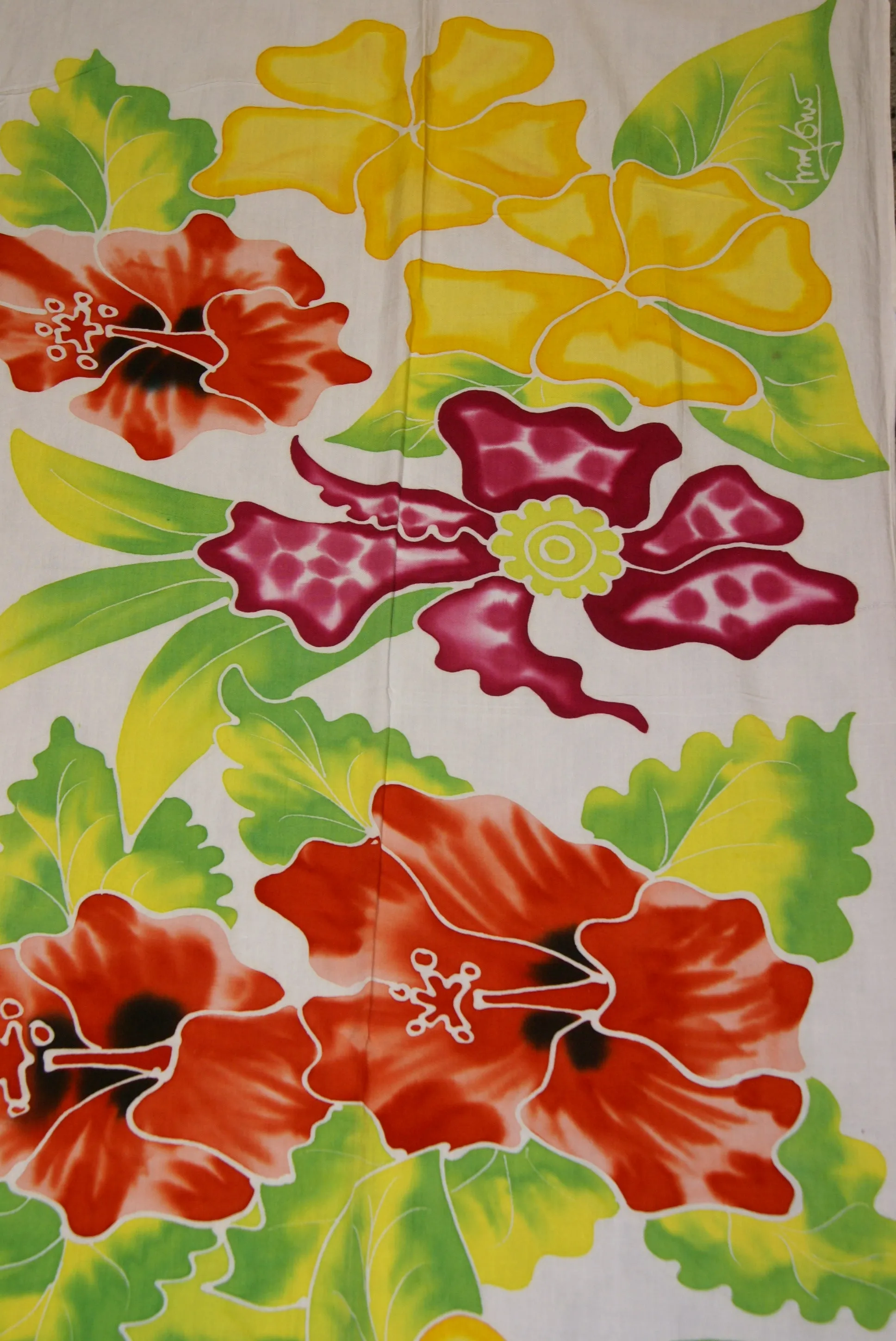 HIGH QUALITY HAND PAINTED TEXTILE FABRIC HALF SARONG OR BEACH SKIRT, SCARF, TABLE RUNNER SIGNED BY THE ARTIST: DETAILED MOTIFS OF BLOOMING HIBISCUS, VANDA ORCHIDS, TROPICAL PLANTS, RICH COLORS 74" x 23" (no SC15)