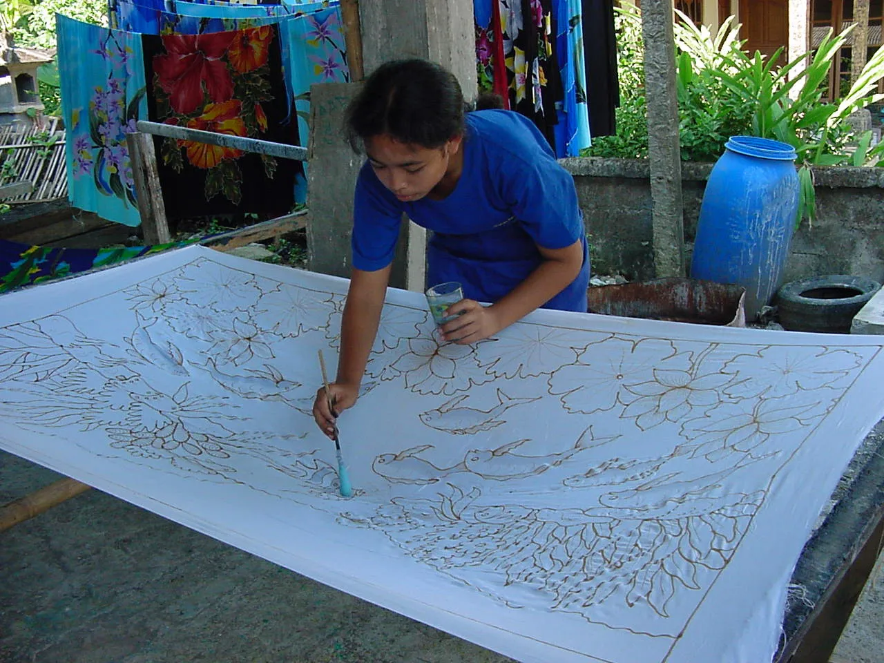 HIGH QUALITY HAND PAINTED TEXTILE FABRIC HALF SARONG OR BEACH SKIRT, SCARF, TABLE RUNNER SIGNED BY THE ARTIST: DETAILED MOTIFS OF BLOOMING HIBISCUS, VANDA ORCHIDS, TROPICAL PLANTS, RICH COLORS 74" x 23" (no SC15)