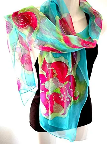 HIGH QUALITY HAND PAINTED TEXTILE FABRIC HALF SARONG OR BEACH SKIRT, SCARF, TABLE RUNNER SIGNED BY THE ARTIST: DETAILED MOTIFS OF BLOOMING HIBISCUS, VANDA ORCHIDS, TROPICAL PLANTS, RICH COLORS 74" x 23" (no SC15)