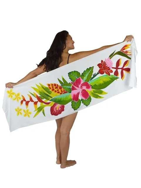 HIGH QUALITY HAND PAINTED TEXTILE FABRIC HALF SARONG OR BEACH SKIRT, SCARF, TABLE RUNNER SIGNED BY THE ARTIST: DETAILED MOTIFS OF BLOOMING HIBISCUS, VANDA ORCHIDS, TROPICAL PLANTS, RICH COLORS 74" x 23" (no SC15)