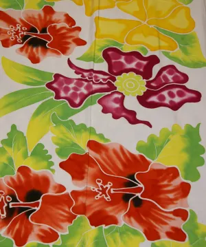 HIGH QUALITY HAND PAINTED TEXTILE FABRIC HALF SARONG OR BEACH SKIRT, SCARF, TABLE RUNNER SIGNED BY THE ARTIST: DETAILED MOTIFS OF BLOOMING HIBISCUS, VANDA ORCHIDS, TROPICAL PLANTS, RICH COLORS 74" x 23" (no SC15)