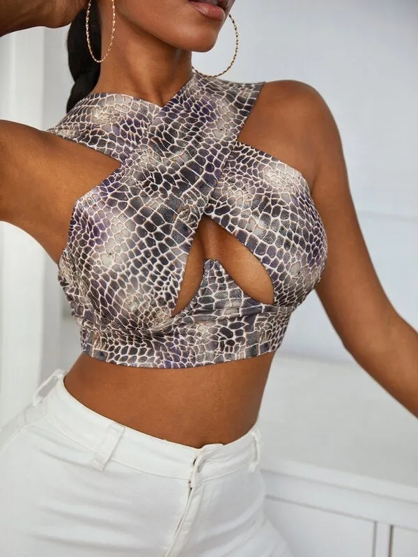 Hollow Out Cross Halter Wrap Tops