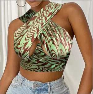 Hollow Out Cross Halter Wrap Tops