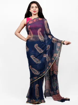 Indigo Coral Green Hand Block Printed Chiffon Saree with Zari Border - S031703259