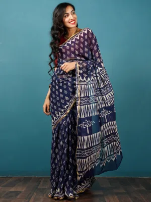 Indigo Ivory Hand Block Printed Chiffon Saree with Zari Border - S031702784