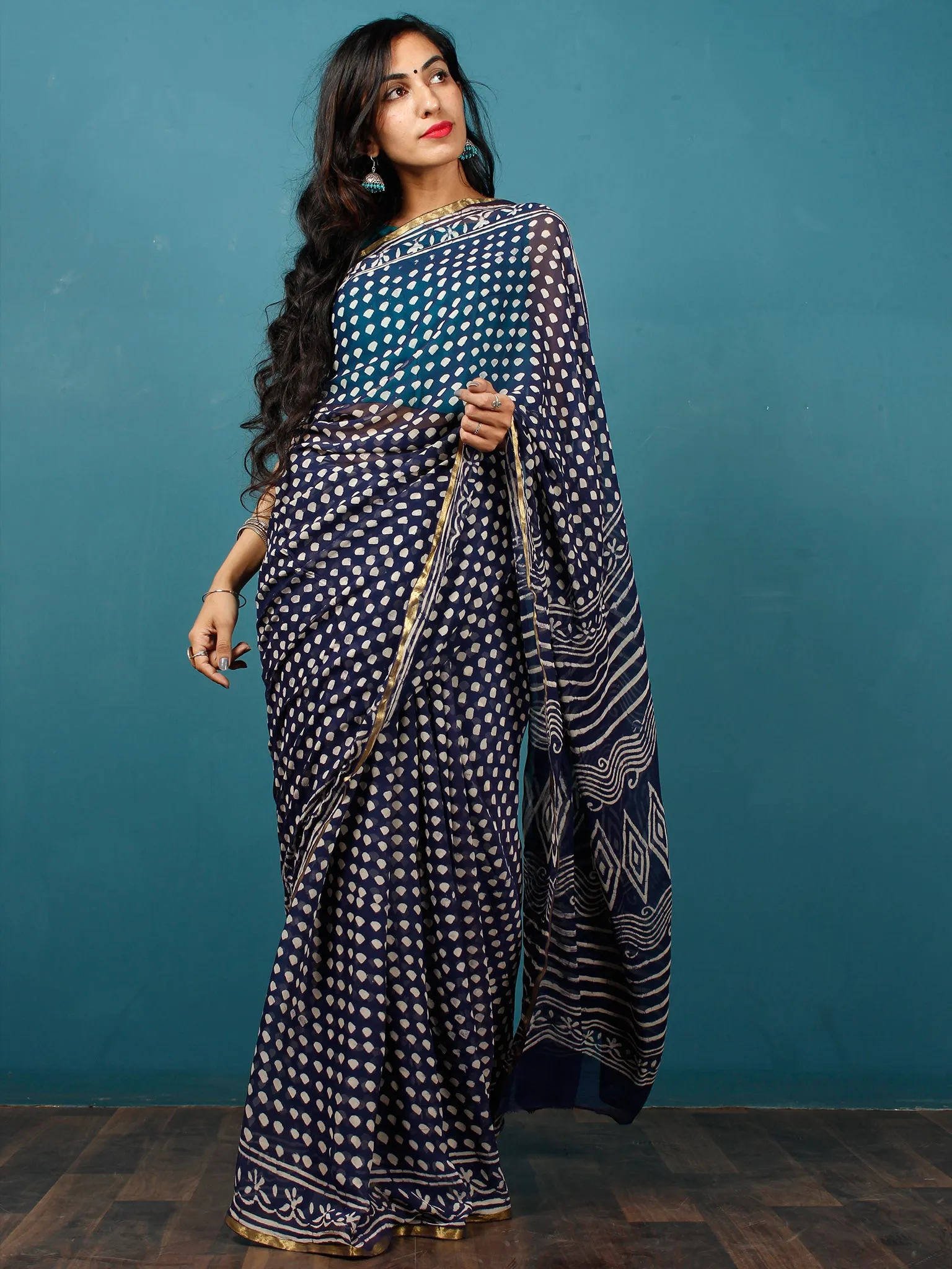 Indigo Ivory Hand Block Printed Chiffon Saree with Zari Border - S031702819