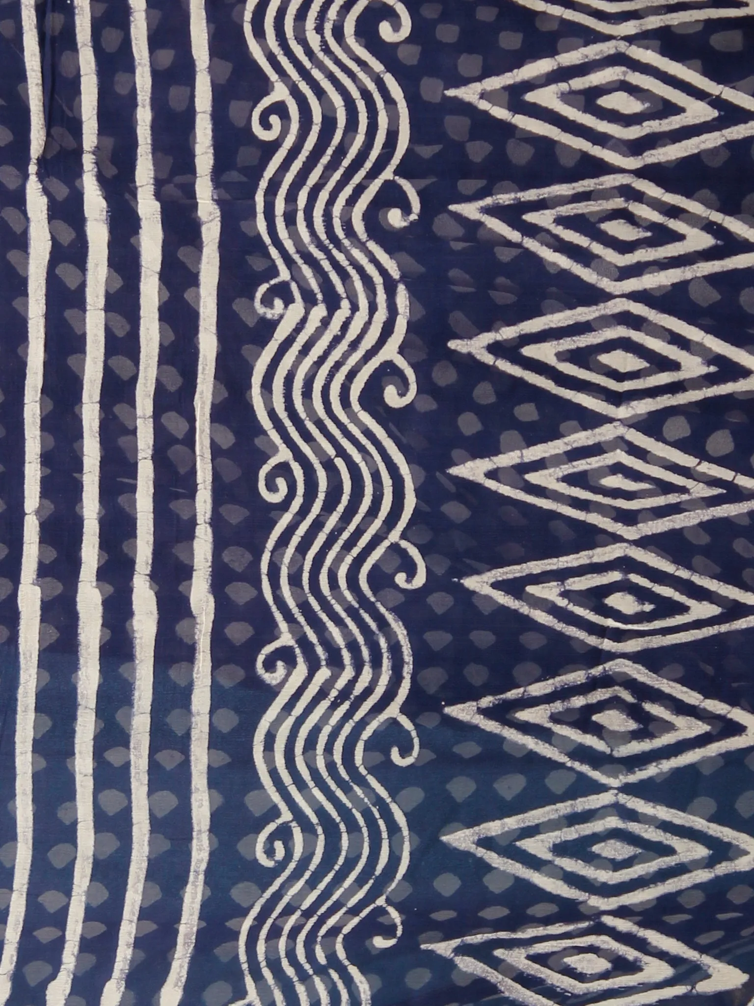 Indigo Ivory Hand Block Printed Chiffon Saree with Zari Border - S031702819