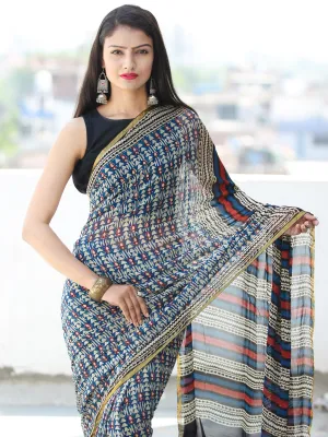 Indigo Ivory Red Hand Block Printed Chiffon Saree with Zari Border - S031703918