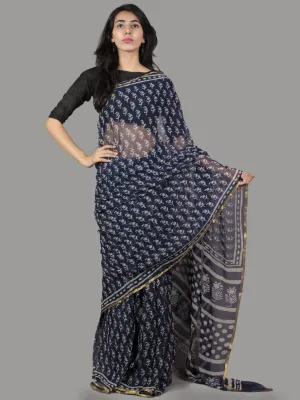 Indigo White Hand Block Printed Chiffon Saree - S031701703