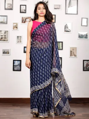 Indigo White Hand Block Printed Chiffon Saree with Zari Border - S031703158