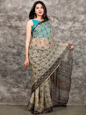 Ivory Black Green Hand Block Printed Chiffon Saree with Zari Border - S031703221