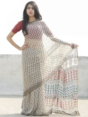 Ivory Black Hand Block Printed Chiffon Saree with zari border- S031702665