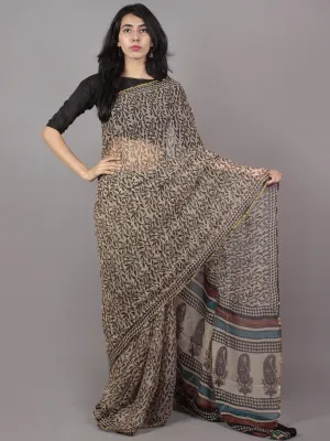 Ivory Black Scarlet Red Hand Block Printed Chiffon Saree - S031701698