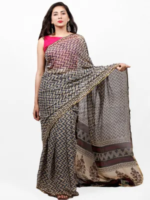 Ivory Indigo Black Hand Block Printed Chiffon Saree with Zari Border - S031703266