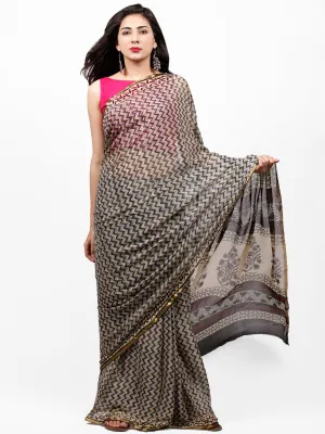 Ivory Indigo Red Black Hand Block Printed Chiffon Saree with Zari Border - S031703269