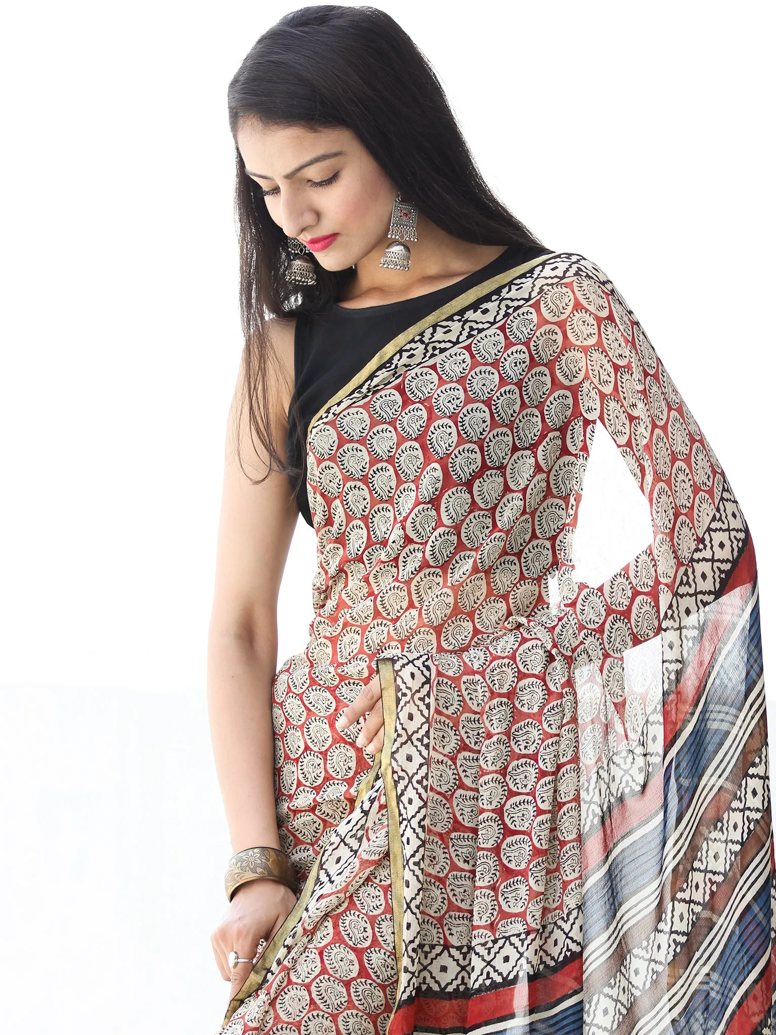 Ivory Red Blue Black Hand Block Printed Chiffon Saree with Zari Border - S031703913