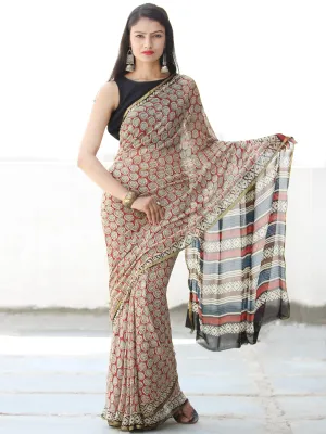 Ivory Red Blue Black Hand Block Printed Chiffon Saree with Zari Border - S031703913