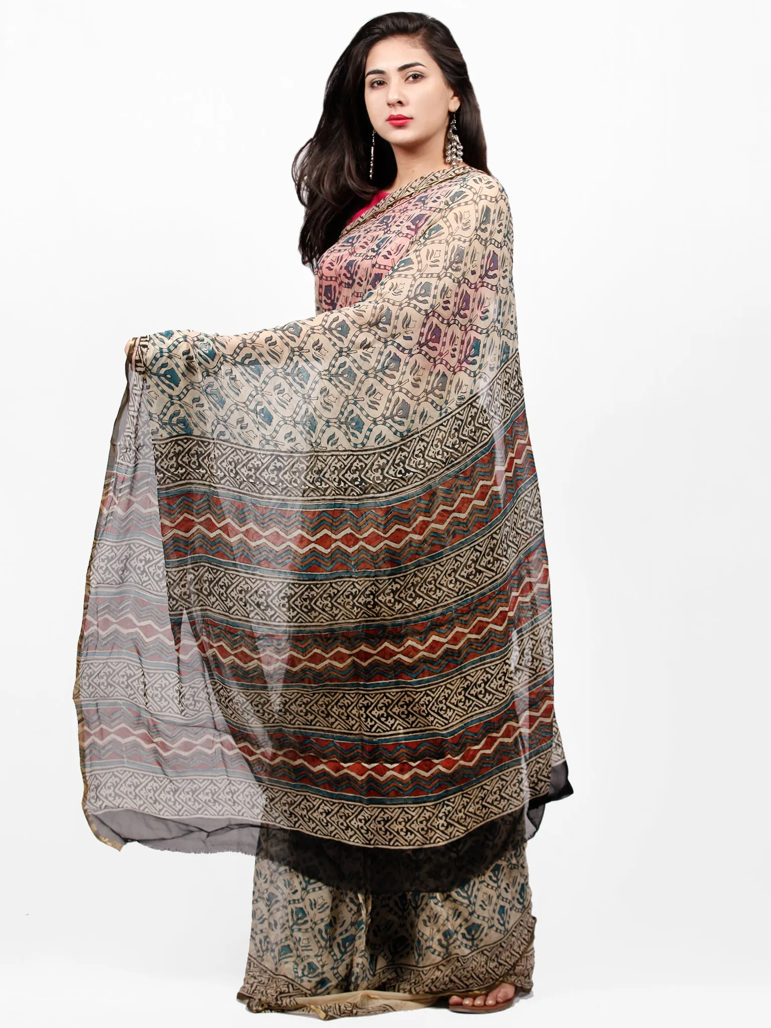 Ivory Teal Blue Black Hand Block Printed Chiffon Saree with Zari Border - S031703272